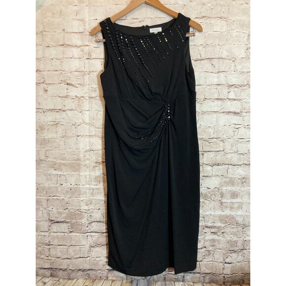 Grace Hill Midi Dress Womens 14 Black LBD Beaded Draped Ruched Sleeveless Sheath - Picture 1 of 15